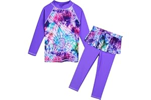 HUAANIUE Filles Enfants Maillot de Bain 2 Pièces Anti-UV UPF 50+ Enfants Filles Combinaison de Bain Long 3-12 Ans