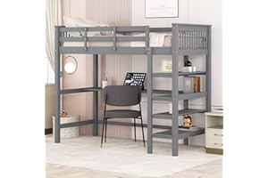 Moimhear Cama infantil de 90 x 200 cm, cama alta con escaleras, litera con estantes y escritorio, somier de láminas de madera (gris)