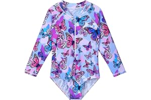 HUAANIUE Filles Enfants Maillot de Bain 1 Pièce Anti-UV UPF 50+ Enfants Filles Combinaison de Bain à Slip et Manches Longues 4-11 Ans