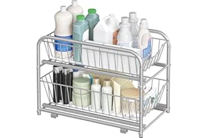 SONGMICS Cupboard Organiser, 2-Tier Under Sink Storage Organiser with Sliding Basket Drawers, Stackable Cabinet Organiser for Kitchen, Bathroom, Dove Grey KCS017E01V1