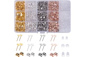 BQTQ 2600 Pièces Boucle d'oreille Clous en Acier Inoxydable Flat Pad avec Dos de Boucle d'oreille en Acier Inoxydable et Plastique pour Fabrication de Boucles d'oreilles, 4 Couleurs