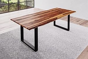 BETT11 SAM B-Ware Baumkantentisch 220x100cm Bria, Sheesham-Holz shinafarben lackiert, Esstisch mit echter Baumkante, massiver Esszimmertisch mit U-Gestell Mattschwarz, Tischplatte 26mm