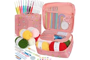 Coopay Kit Crochet Débutant Adulte Complet, Chat Rose Kit de Crochet Pour Débutant, Comprend Des Crochets à Manche Souple, Des Crochets à Pointe, Fil De Laine, Des Accessoires à Crochet, Sac Portable
