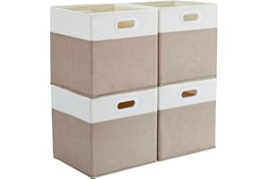 Mangata Aufbewahrungsbox 33x38x33 cm, faltenfrei Stoff Aufbewahrungskörbe für Kleiderkörbe, Körbe, Truhen, Spielzeug (4 er, Helles Khaki/Beige Weiß)