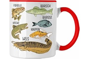 Trendation - Angler Fischer Tasse mit Fischarten Geschenk Raubfische Hobbyangler Hecht Forelle Barsch Angeln Kaffeetasse (Rot)