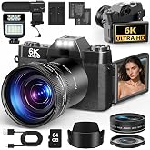 6K 64MP Digital Camera with WiFi, 16X Digital Zoom, Wide Angle/Macro Lenses | 3" 180&deg; Flip Screen, Auto Focus, External Micro