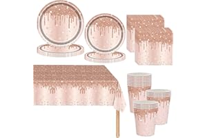 MIENOCOL Rose Gold Shiny Glitter Diamond Party Tableware for Women/Girls,81pcs Rosegold Birthday Dinnerware Paper Plates Cups Napkins and Tablecloth Set for Her Birthday Gifts Party Supplies Table Décor