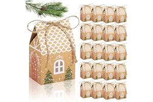 XIMEY Cajas de Dulces de Papel Kraft de Navidad, 20 Piezas Cajas Carton Regalo Navidad con Cuerdas de Cáñamo, Cajas para Regalos Navidad, Cajitas Regalo de Papel Kraft para Dulces/Chocolate/Galletas