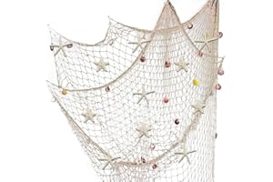 Fangoo Nature Fish Net Wall Decoration with Colorful Sea Shells and Natural Starfish Ocean Themed Mediterranean Style Fishing Net for Beach Party,Wedding,photography Wall Decoration (Beige 200x150cm)