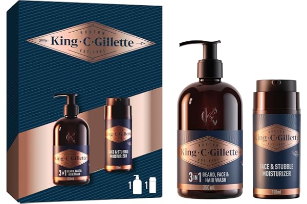 Gillette King C. kit de barbe homme, coffret soins des poils et de la peau, inclus nettoyant 3-en-1 visage & cheveux 350 ml, soin hydratant 100 ml, parfums rafraîchissants signature