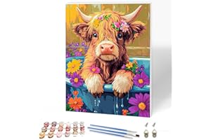 KEYIFA Highland Cow Flowers Paint by Numbers for Adults on Framed Canvas, Painting by Number Canvas Kits with Acrylic Paint, DIY Craft Oil Painting Art Kits for Adults, Home Wall Decor 30x40cm