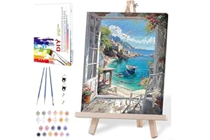 MRNSIET Sea View Paint by Numbers for Adults with Framed Canvas-with Wooden Easel,Paint by Number on Framed Canvas,DIY Acrylic Oil Painting Kits with Brushes Nice Gift Box for Home Wall Decor(12x16 Inch)