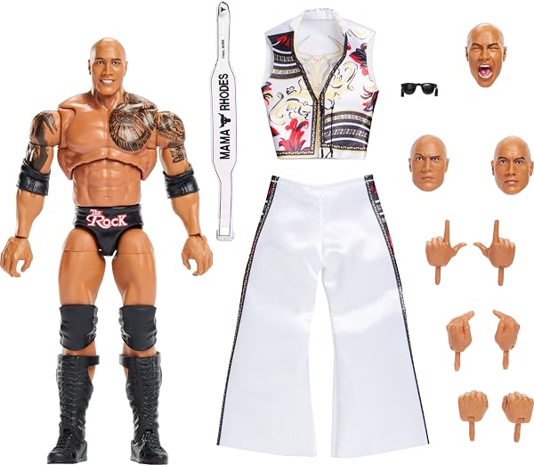Mattel WWE Ultimate Edition Action Figure & Accessories Set, The Rock Final Boss 6-inch Collectible with Swappable Heads & Hands, 30 Articulation Points - 1