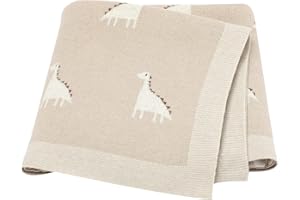 LAWKUL Baby Blanket 100% Cotton Knit Soft Breathable Blankets for Newborn Boy Girl, Dinosaur Beige, Pram/Mose Basket(90x70cm)