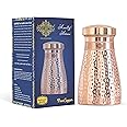 Indian Art Villa Copper Hammered Shine Design Bedroom Water Bottle with Inbuilt Glass, Volume - 600 ML, Pack of 1