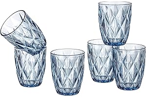 Baroni Home Set 6 pz Bicchieri Diamante in Vetro Colorati e Decorati con Rombo in Rilievo 30 CL, Bicchieri Acqua Eleganti Lavabili in Lavastoviglie, 8x8x10 cm Blu