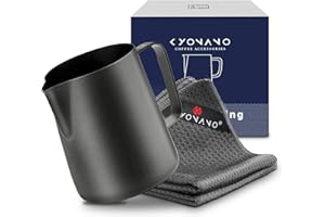 KYONANO Jarra Leche Barista Acero inoxidable 350ml Negro Set：1 Lechera Cafe Acero inoxidable,2 Paños Barista de 30 x 30 cm Jarra de Espuma de Leche TechKen Ideal para Latte Art Capuchino