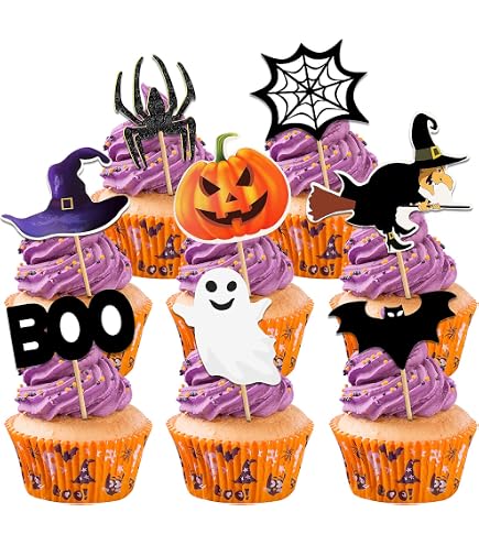 49-teiliges Halloween Cake Decor Set – Cupcake Topper, Wrappers & Große Kuchendekoration