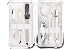 Tre svärdenheter – 6 st. Manikyrset "Lucca" | Nagelset i äkta läder – fodral | Innehåll: hudsax, 2 pincetter, dubbla instrument, nagelklippare, safirnagelfil –