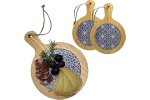 ChicHouse Set 2pcs mini taglieri da cucina in legno con manico ideali per piccoli antipasti, formaggi, salumi o come salva superfici e sottopentola. (2, Fantasia Blu, Rotondo 20.5x14.5x1 cm)