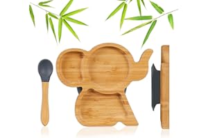 Relaxdays Assiette Bambou pour Enfants avec Ventouse, sans BPA, antidérapante, éléphant, Coloris Naturel/Gris