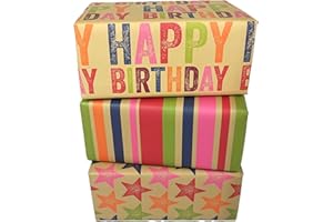 DEAR HENRY WRAPT Eco Birthday Wrapping Paper Large Quality Thick 50x70cm Present Sheets - UK Made - Recyclable Bright Scandi Gift Wrap (Buff Birthday/Star/Stripe, 6 sheets)