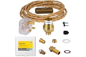 ElekTek UK B22 Lamp Refurbishment Fixing Kit, Solid Brass Unswitched Lamp Holder, Inline Rocker Switch, Extensive Fittings Pack, 13A Plug (3A Fuse) Gold Twisted Braided Fabric 3-Core Lighting Flex