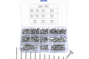 MYHONGLE 255 Pcs M4 Self Tapping Screws, Stainless Steel Pozi Flanged Phillips Pan Head for Wood Assortment, Round Truss Tapping for Woodwork Repairment