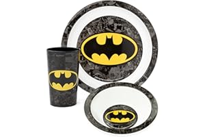 DC Comics Batman Kids Dinnerware Set | Black 3 Piece Tableware for Boys & Girls | PP Dinner Plate, Bowl and Tumbler Cup | Comic Strip Superhero Logo Novelty Set | Movie Merchandise Gift for Children