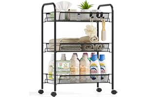Urackify Chariot de Cuisine a 3 Niveaux pour Salle de Bain, Cuisine et buanderie. Métal résistant à la Rouille, Panier en Maille Respirante et Crochets latéraux Inclus. Facile à Installe,Noir