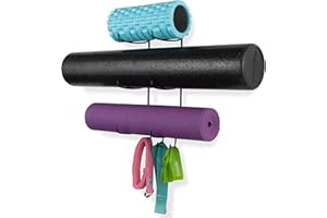 Wallniture Guru Wall Mount Yoga Mat Foam Roller and Towel Rack with 3 Hooks for Hanging Yoga Strap and Resistance Bands, 3-Sectional Metal