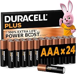 DURACELL Plus AAA Batteries (24 Pack) – Alkaline Batteries 1.5V – Up to 100% Extra Life with POWER BOOST Actives– Reliability For Everyday Devices – 0% Plastic Packaging – 10-Year Storage-MN2400