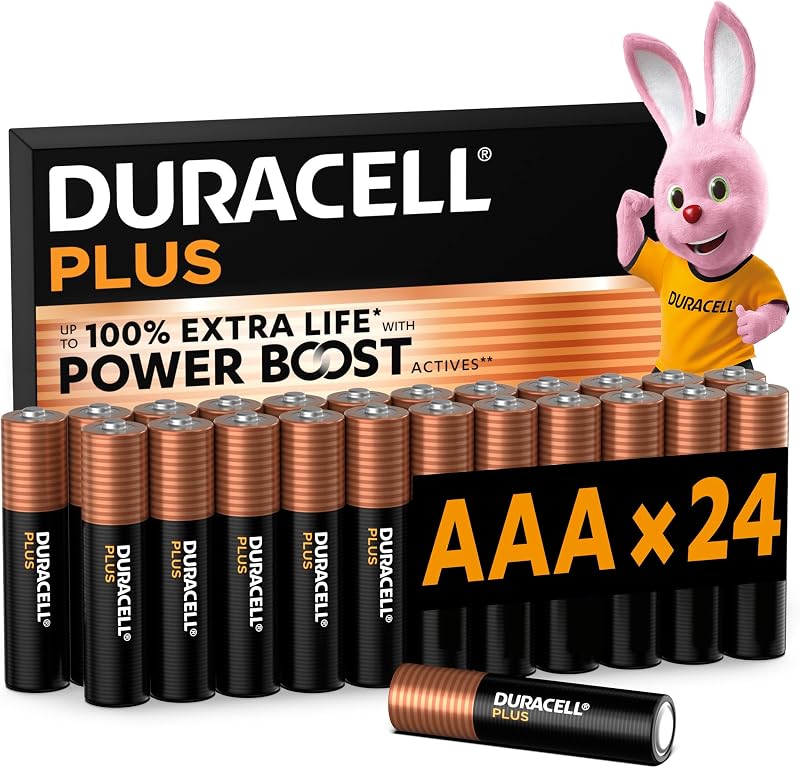 DURACELL Plus AAA Batteries (24 Pack) – Alkaline Batteries 1.5V – Up to 100% Extra Life with POWER BOOST Actives– Reliability For Everyday Devices – 0% Plastic Packaging – 10-Year Storage-MN2400