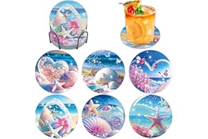 ‎LXMSJA Lxmsja Pack of 6 Diamond Painting Coasters with Holder, Diamond Painting Beach, Diamond Painting Pictures Adults Children, Diamond Cup Coasters with Cork, Crafts Adults Women