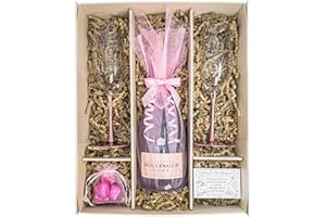 SPARKLEWARE Bollinger Rosé Champagne 75cl Gift Set With 2 Metallic Rose Champagne Flutes, Belgian Chocolates and Gift Box - Champagne Gift For Women and Pink Fizz Lovers (Rosé Metallic Stems)