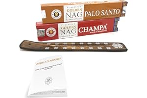 MAMAMI Golden Nag Incensi - Set 2 x 15 gr con Porta Incenso in Legno - Palo Santo e Champa - PortaIncenso -Bastoncini Naturali per Meditazione, Yoga, Rilassamento