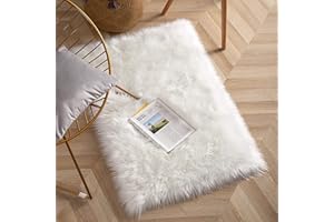 HEQUN Alfombra de Piel de Oveja sintética, Artificial Alfombra,Funda de Silla de Forro Polar Suave y mullida para recámara, sofá, Suelo (120 X 75 CM, Blanco)