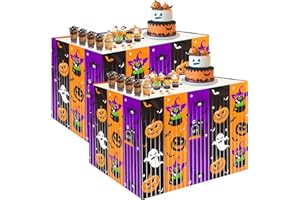 JREMREO 2 Pack 2.5 ft x 9 ft Halloween Themed Metallic Foil Fringe Table Skirt, Black, Orange, and Purple with Pumpkin, Ghost, Witch, and Cat Designs for Haunted House Decorations, Spooky Party Supplies