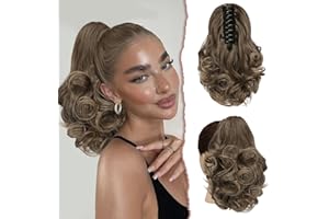 ‎SOFEIYAN Sofeiyan Pferdeschwanz Verlängerung 28cm Klaue Clip in Pferdeschwanz Haarverlängerungen Kurz Lockig Gewellt Pferdeschwanz Extensions Synthetisches Haarteil für Frauen, Aschbraun bis Blond
