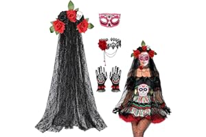 BEIPEGIN 4PCS Diadema del Día de Los Muertos con Rosas Rojas Velo Negro Halloween Máscara Ojos Collar Guantes Esqueleto, Diadema Mexicana Halloween Dia de Los Muertos Disfraz Mujer Accesorios Halloween Mujer