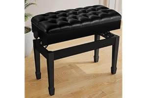 LIFERUN Banqueta Piano Doble, Regulable en Altura 50-58 cm, Taburete de Piano con Espacio de Almacenamiento, Patas Curvas de Madera Taburete Teclado, Cojín de Asiento Engrosado, Carga 200KG, Negro