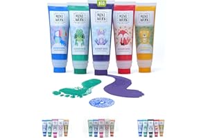 Miniwerk Naturfarbe 5er Set mit Schwammaufsatz - 5 Bio Malfarben aus natürlichen Rohstoffen, schadstofffrei wie Fingerfarbe - Baby Handabdruck Set, Fußabdruck Baby (Blau, Grün, Lila, Rot, Gelb)