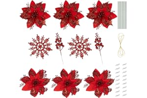 ilauke 20 Flores de Artificiales Rojo,13/15cm Flores Poinsettia Brillantes de Navidadcon 4 Bayas+10 Copos de Nieve+25 Clips+25 Rizomas+1 Paquete de Cuerda,Flores Boda para Adornos de Árbol de Navidad