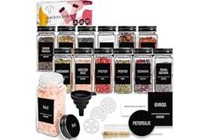 Happy Lemuro 120ml Gewürzbehälter Set mit 279 Etiketten auf Deutsch | Black Edition | 12 Gewürzgläser mit Metalldeckeln, Streueinsatz, Trichter, Stift. Gewürzgläser Eckig, 12er Set, Gewürzaufbewahrung