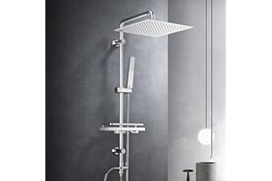 Görbach Colonna Doccia Acciaio Inox Senza Miscelatore Fori Muro Regolabili Colonna Doccia idromassaggio Asta Doccia con soffione a Pioggia e Porta Ogetti Mensola 30 * 30 Quadrato