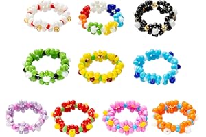 E1mity 10 Stück Gänseblümchen Perlen Ring Set für Frauen Mädchen Sommer Multicolor Perlenblumenringe Boho niedliche Harzringe geflochtene Perlenblumenringe Perlenringe gefärbte Acryl Neuheitsringe