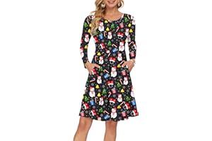 AUSELILY Women's Long Sleeve Pleated Loose Swing Casual Dress with Pockets Knee Length