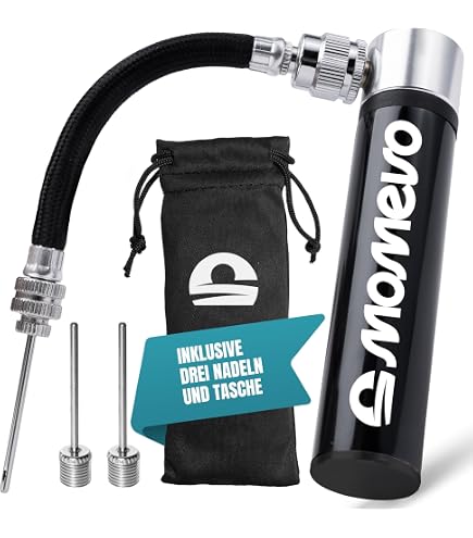 Mineup Ballpumpe Mit Manometer – Mini-Luftpumpe Aus Alu, Inkl. 10 Nadeln, 2 Düsen & Schlauch – Für Fußball, Basketball & Co.