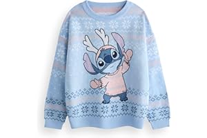 Disney Lilo & Stitch Kids Christmas Jumper in Blue | Warm Graphic Knitted Sweater for Children | Festive Holiday Long Sleeve Knitwear Top | Pullover Knit Unique Movie Merchandise Gift for Her