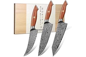 Freelander Set de 3 Couteaux de Cuisine en Acier Damas,Couteau de Chef Cuisine Professionnel avec Manche en Bois Ergonomique, Idéal pour Viande, Poisson et Légumes